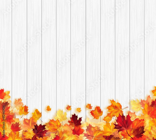 Autumn background with colourful frame of maple leaves  orange  yellow  red on white wood texture.Beautiful fall leaves decorative border with copy space for text Generative Ai