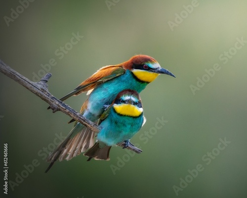 Closeup shot of European bee eaters mating on a perch with a blurred background