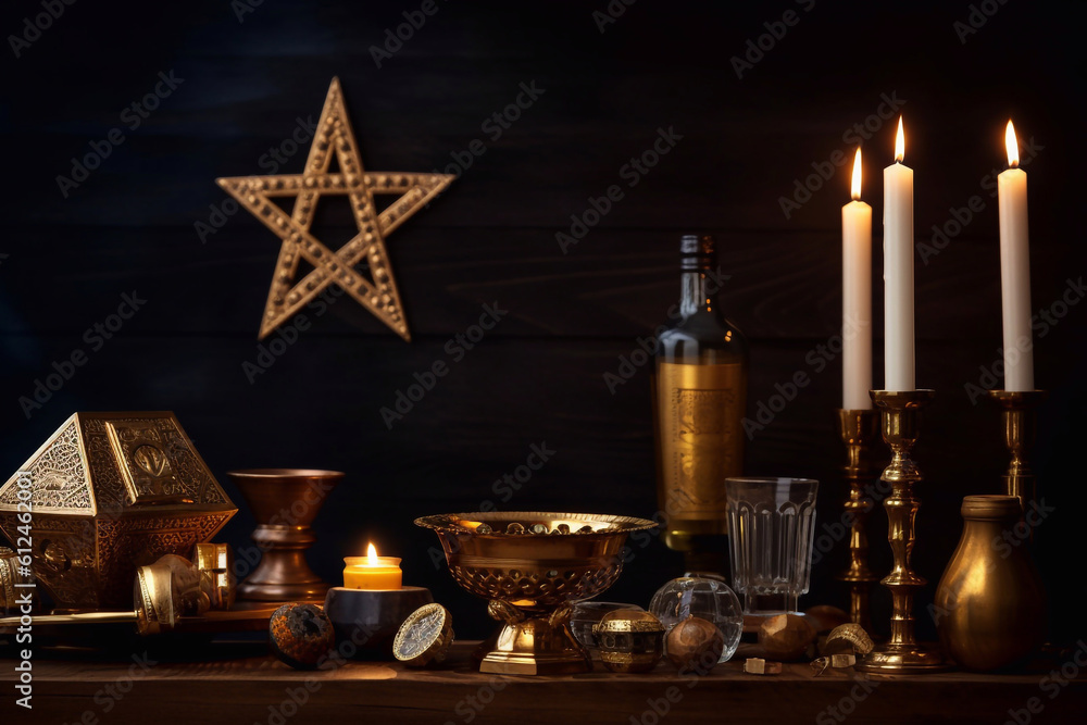 Candlestick with burning candles for Hanukkah, Ai generated Candlestick with burning candles for Hanukkah, Ai generated