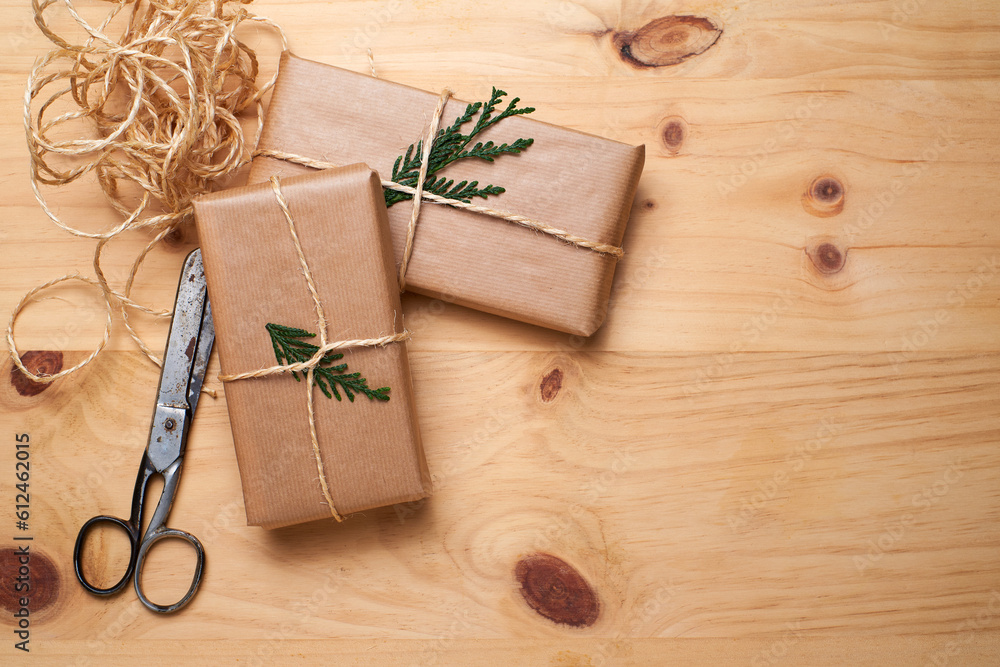 Rustic gift packages wrapped in craft paper Rustic gift packages wrapped in craft paper