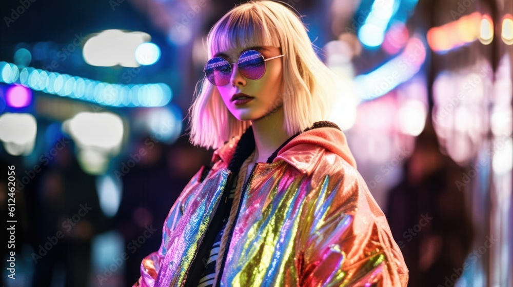 Fierce Tokyo Fashionista Strutting on Runway Under Shamrock Green Lights. Generative AI. Fierce Tokyo Fashionista Strutting on Runway Under Shamrock Green Lights. Generative AI.