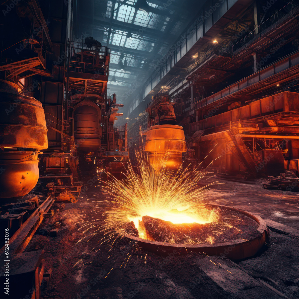 Large hall with heavy machinery, glowing metal and sparks - metallurgical factory as imagined by Generative AI