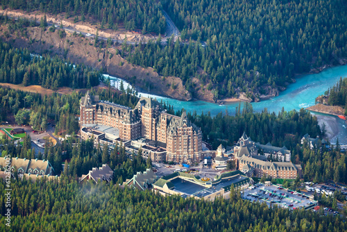 Iconic and Historic Fairmont Banff Springs in the town of Banff in the Canada Rockies seen from the top of Sulphur Mountain