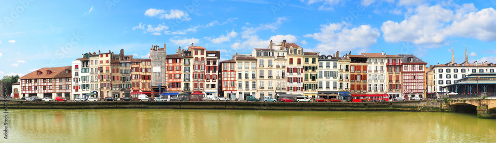 In Bayonne, in the Basque country, panoramic view of the typical constructions of the Amiral Jaureguiberry quay, which borders the La Nive river between the Pannecau bridge and the Genie bridge