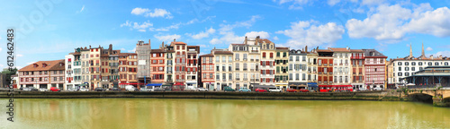 In Bayonne, in the Basque country, panoramic view of the typical constructions of the Amiral Jaureguiberry quay, which borders the La Nive river between the Pannecau bridge and the Genie bridge