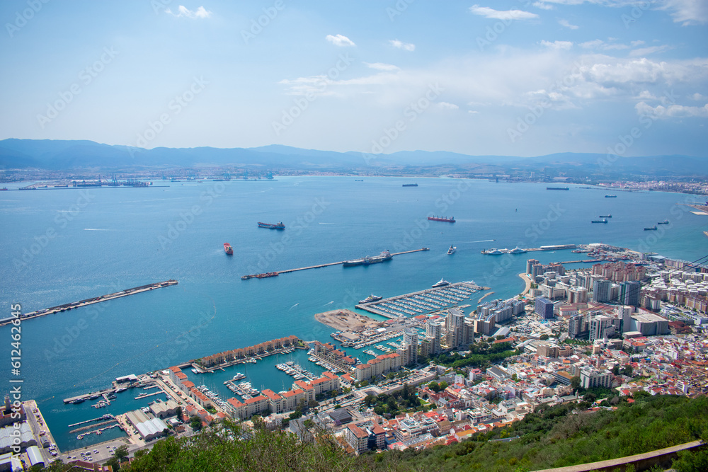 Aerial view of Gibraltar, Algeciras Bay and La Linea de la Concepcion from the Upper Rock. View on coastal city from above Aerial view of Gibraltar, Algeciras Bay and La Linea de la Concepcion from the Upper Rock. View on coastal city from above