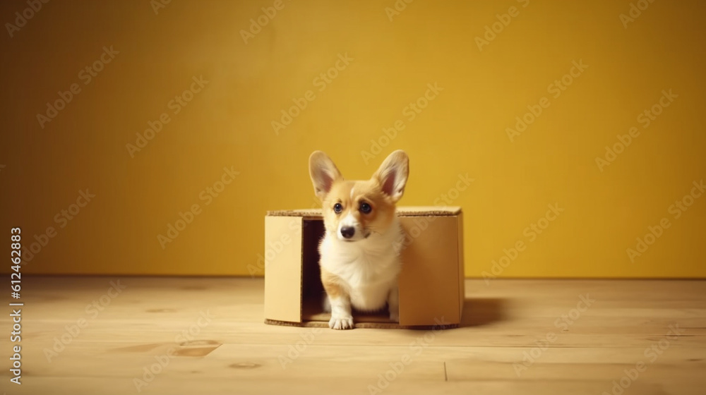 A funny moment captured as a corgi tries to fit into a small box, only to realize that it's too big for its adorable round shape Generative AI