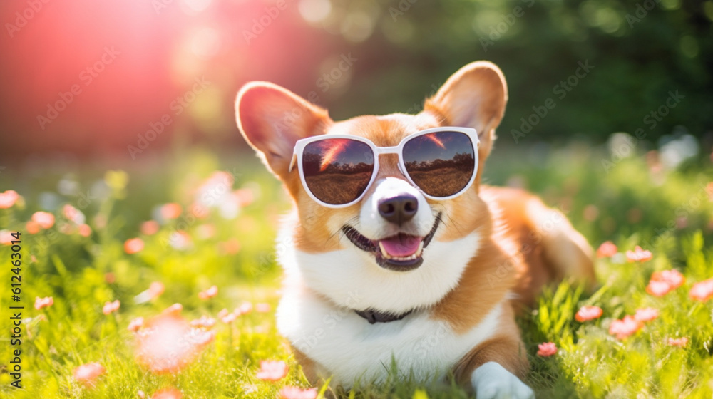 An amusing photo of a corgi wearing oversized sunglasses, striking a pose as if it's ready for a day of fun and relaxation under the sun Generative AI