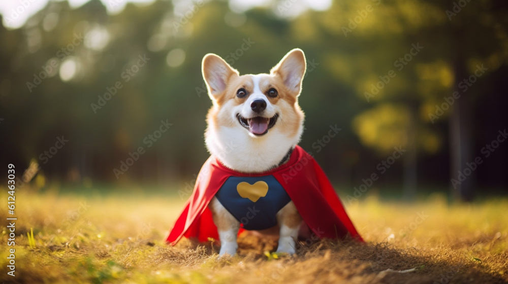 A hilarious photo of a corgi dressed in a superhero cape, striking a pose with its chest puffed out, ready to save the day with its adorable charm Generative AI