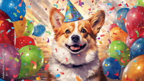 A comical scene of a corgi wearing a party hat, surrounded by colorful balloons and confetti, ready to celebrate and bring joy to any occasion Generative AI