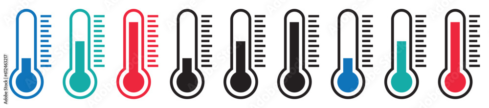 Set of temperature icons. Vector thermometer showing the temperature. Thermometer symbols, temperature scale, weather icons. The temperature from cold to hot. EPS 10. Set of temperature icons. Vector thermometer showing the temperature. Thermometer symbols, temperature scale, weather icons. The temperature from cold to hot. EPS 10.