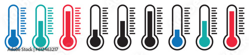 Set of temperature icons. Vector thermometer showing the temperature. Thermometer symbols, temperature scale, weather icons. The temperature from cold to hot. EPS 10.