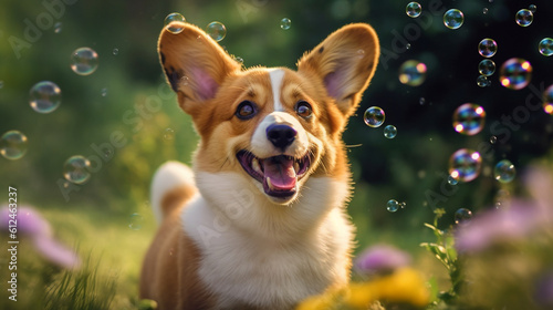 An amusing moment captured as a corgi tries to catch bubbles, jumping and snapping at them with pure enthusiasm, creating a playful and fun-filled scene Generative AI © Наталья Евтехова