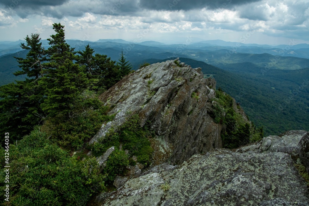 High-angle of Grandfather Mountain on a gloomy day with cloudy sky background, North Carolina