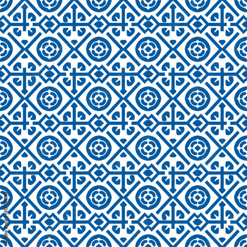 Decorative Greek blue and white geometrical seamless pattern, AI-assisted creation