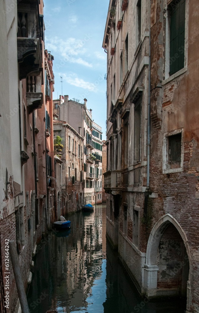 Vertical shot of a canal in Venice, Italy.