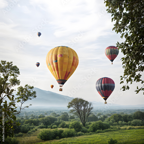 Swarm huge air balloon flying over beautiful green nature landscape © Supriyanto