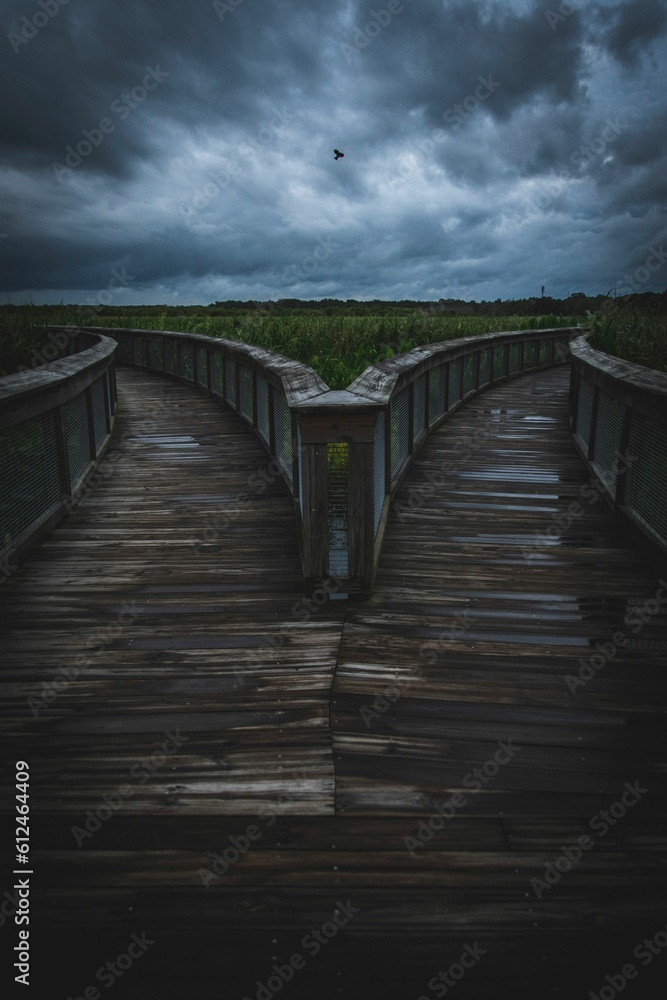 Vertical symmetrical view of a boardwalk slipt into different directions with a cloudy sky