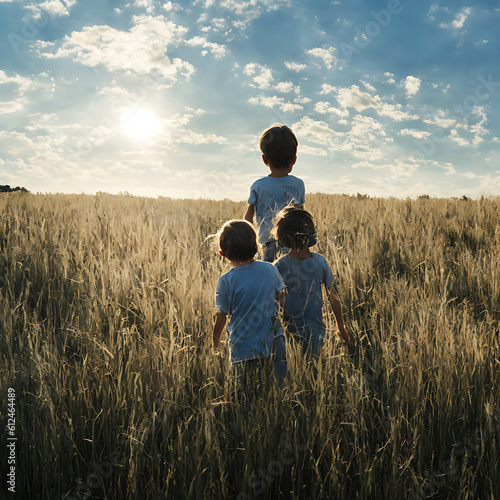 Children running through the wheat field in the rays of the setting sun