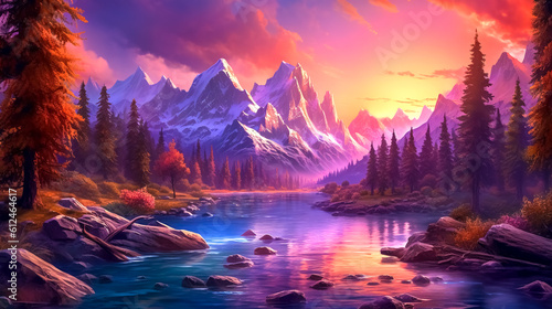 beautiful fairytale landscape at sunset, mountains, rivers and forests, made with Generative AI © edojob