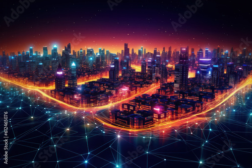 City and polygon connection with speed line technology. Illustration AI Gener...