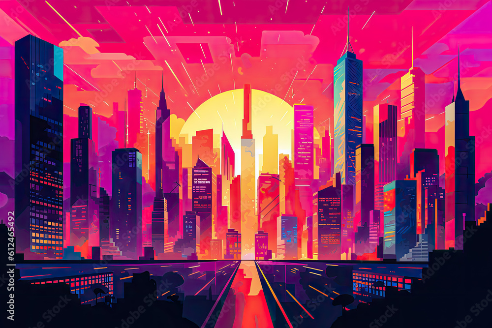 Futuristic vision of a city skyline with vibrant colors. Abstract flat illustration. Generative AI