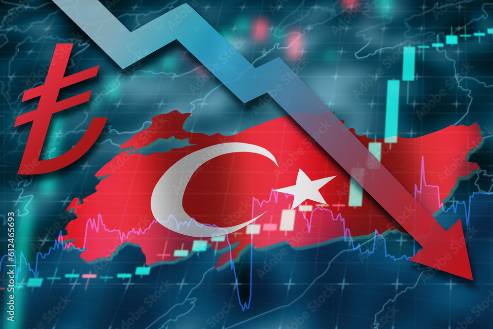 Turkey Lira fall. Turkish national currency logo. Economical crisis in
