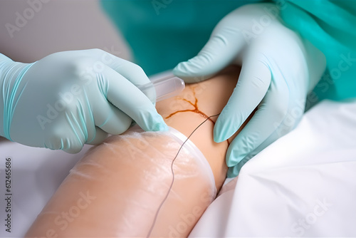 Nurse's gloved hand examines the knee joint with medical sutures after arthroscopy 