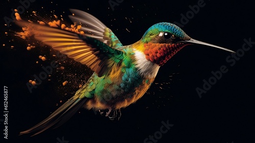 An hummingbird soaring above a vibrant explosion of colorful powder. Generative AI © Kateryna Kordubailo