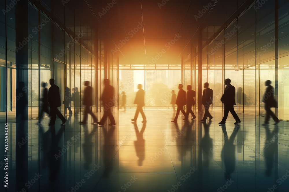 Blurred silhouette of office employees in business building room, sunset. Orange colors horizontal business wallpaper with silhouettes in motion. Generative AI time-lapse photo imitation.