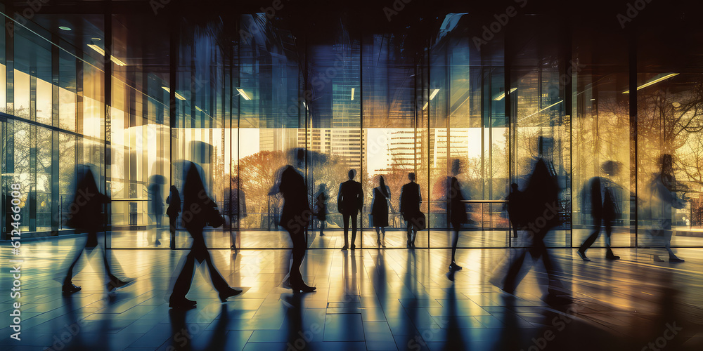 Blurred silhouette of office employees in business building room. Horizontal business wallpaper with silhouettes in motion. Generative AI time-lapse photo imitation.