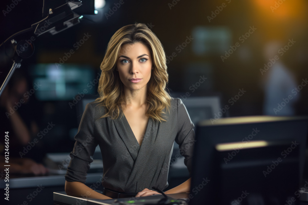 Fototapeta premium Young confident female in smart dress - female TV news anchor posing at studio, video equipment near. Generative AI