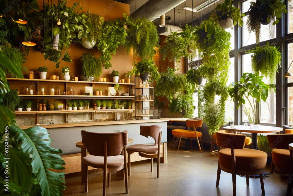 The industrial interior is a loft-style bar with modern wooden furniture, large light windows and evergreen plants. Generative AI. The industrial interior is a loft-style bar with modern wooden furniture, large light windows and evergreen plants. Generative AI.