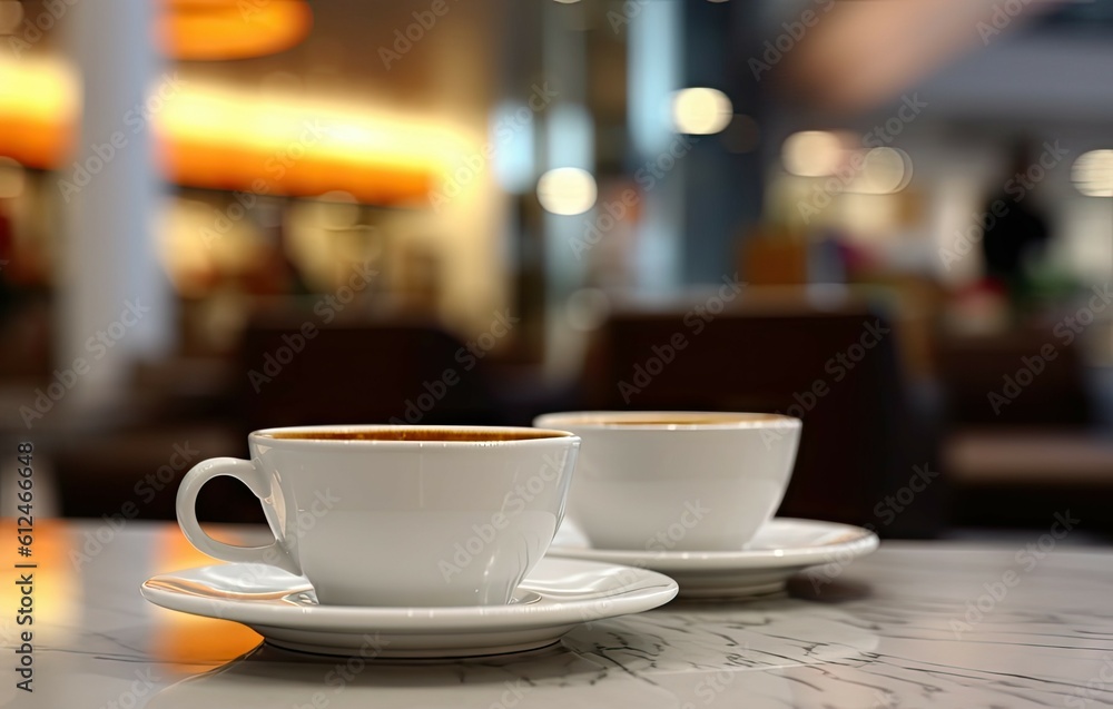 Elegant cafe delight. Two white coffee cups on a restaurant table on blur hotel background Elegant cafe delight. Two white coffee cups on a restaurant table on blur hotel background