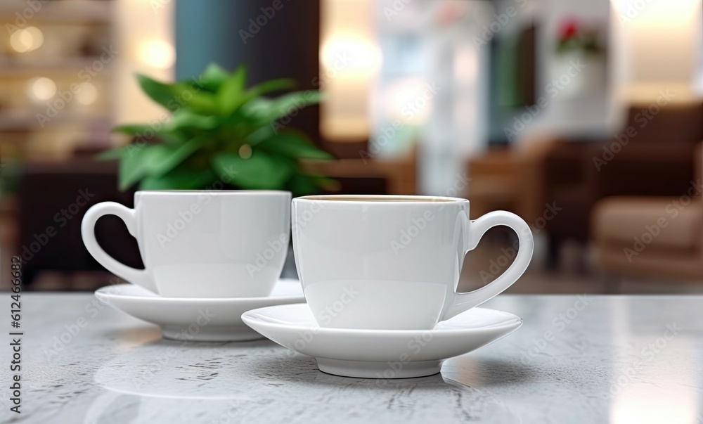 Fototapeta premium Elegant cafe delight. Two white coffee cups on a restaurant table on blur hotel background