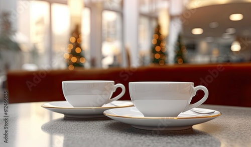 Elegant cafe delight. Two white coffee cups on a restaurant table on blur hotel background