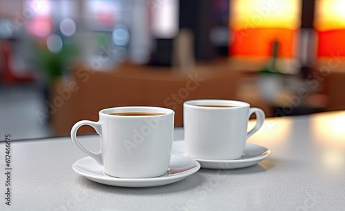 Elegant cafe delight. Two white coffee cups on a restaurant table on blur hotel background