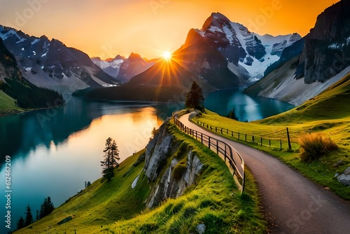 Fotografia Majestic Swiss Alps: Showcase the breathtaking beauty of the Swiss Alps, with snow-capped peaks, lush green meadows, and picturesque mountain villages