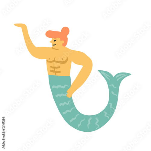 An Oriental merman shows something with hand up or holds on the hand, a underwater waiter, an athlete in a competition.