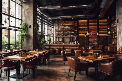 The industrial interior is a loft-style bar with modern wooden furniture  large light windows and evergreen plants. Generative AI.