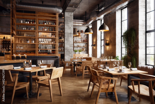The industrial interior is a loft-style bar with modern wooden furniture, large light windows and evergreen plants. Generative AI. © evgeniia_1010