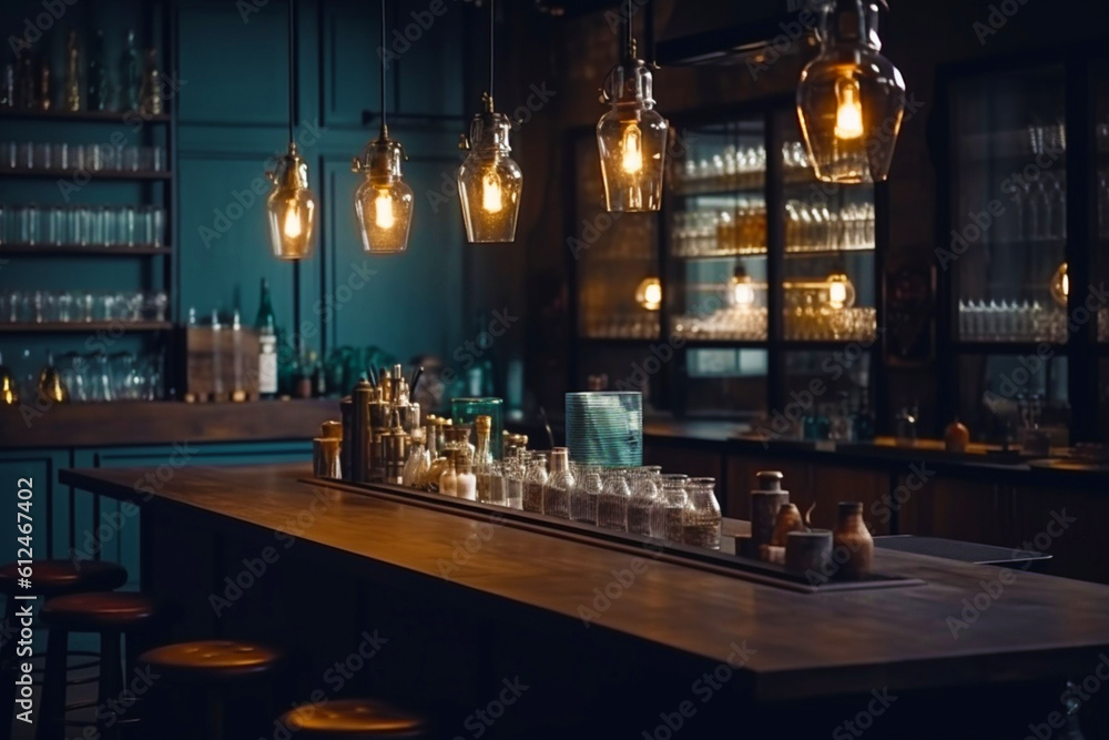 Industrial interior loft style bar with modern wooden furniture, large light windows and bright ceiling lights. Generative AI
