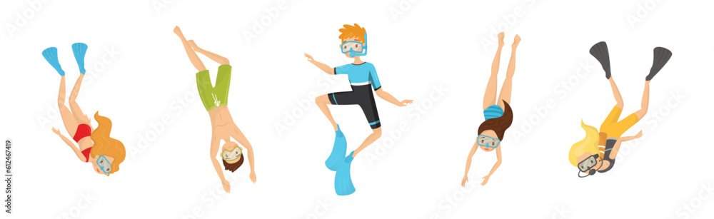 Diving Man and Woman with Breathing Equipment and Flippers Diving Underwater Vector Set