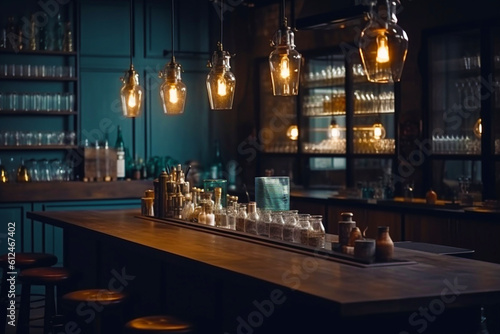 Industrial interior loft style bar with modern wooden furniture, large light windows and bright ceiling lights. Generative AI