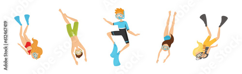 Diving Man and Woman with Breathing Equipment and Flippers Diving Underwater Vector Set
