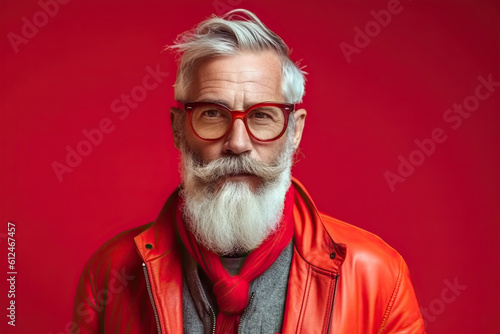 Studio shot of handsome senior man hipster dressed in stylish coat and sunglasses. Isolated on red background Generative AI