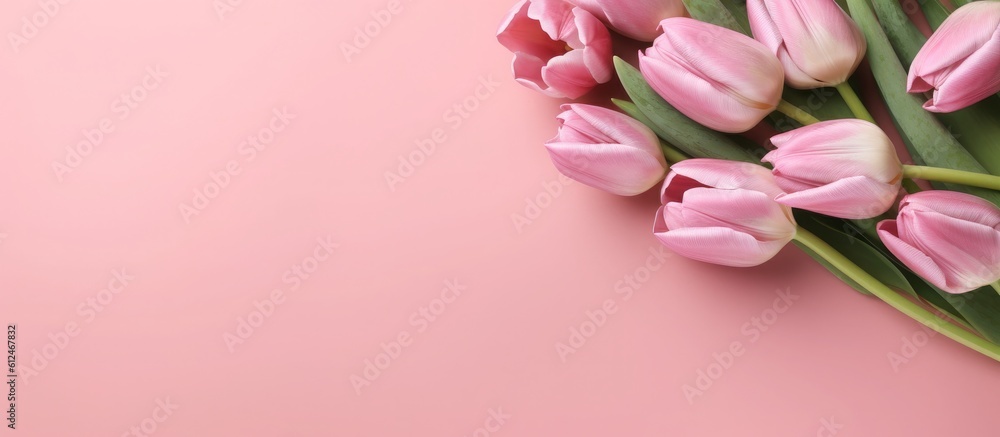 Spring tulip flowers on pink background top view in flat lay style. Greeting for Womens or Mothers Day or Spring Sale Banner. Generative AI Spring tulip flowers on pink background top view in flat lay style. Greeting for Womens or Mothers Day or Spring Sale Banner. Generative AI
