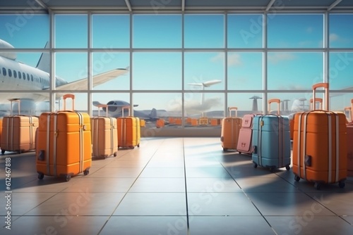 Suitcases in airport departure lounge, airplane in background, summer vacation concept, traveler suitcases in airport terminal waiting area, empty hall interior with large windows, Generative AI