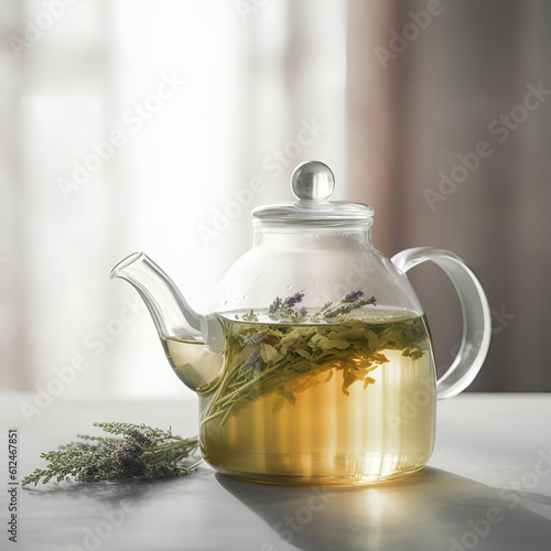 Herbal tea with flowers in glass teapot on the table. AI generated