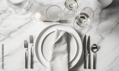  a table set with a white plate, silverware, and silverware on a marble table top with a white napkin and silverware.  generative ai photo